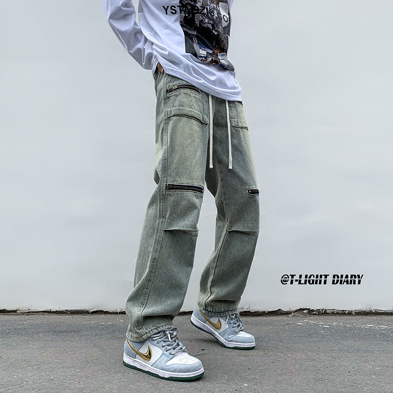 Men Jeans Cargo Jeans Spring and Autumn Zipper Wide Leg Trousers