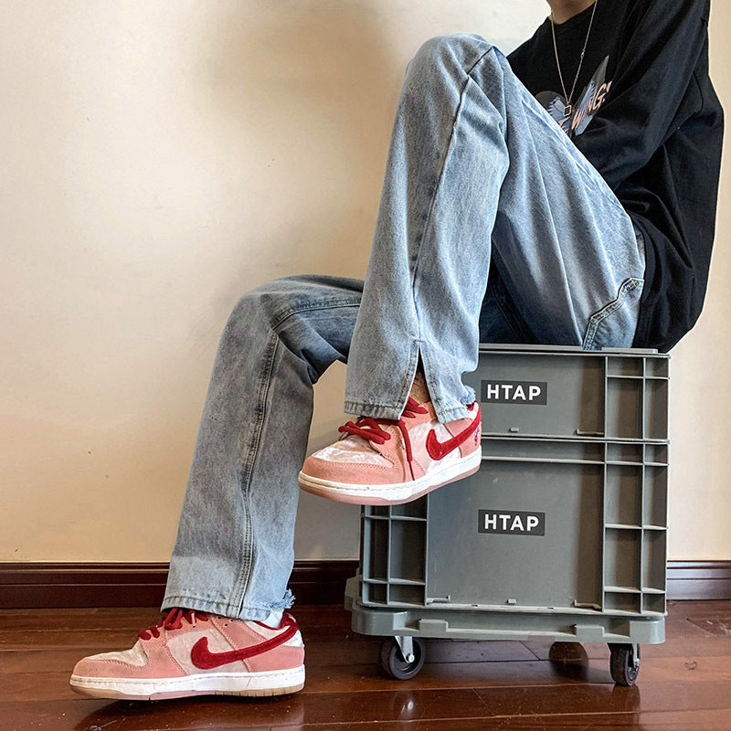 Men Jeans Retro Slit Casual Trousers Baggy Straight Trousers