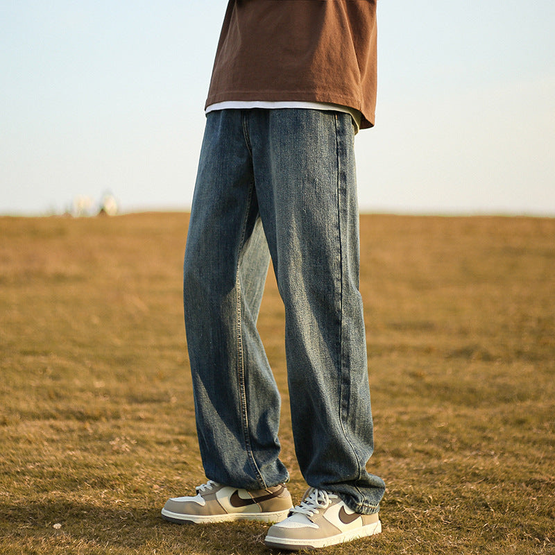 Men Jeans Retro Washed Jeans Men's Spring and Autumn Baggy Straight Trousers Casual Trousers