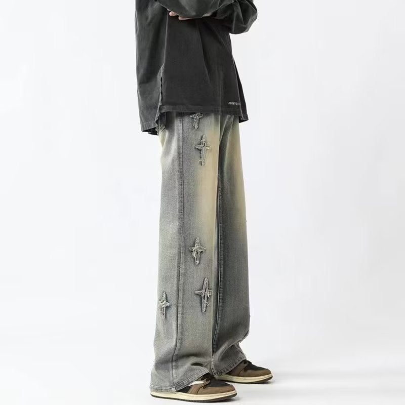 Men Jeans Cross Embroidery Straight-Leg Pants Spring Loose Retro Oversized Casual Trousers