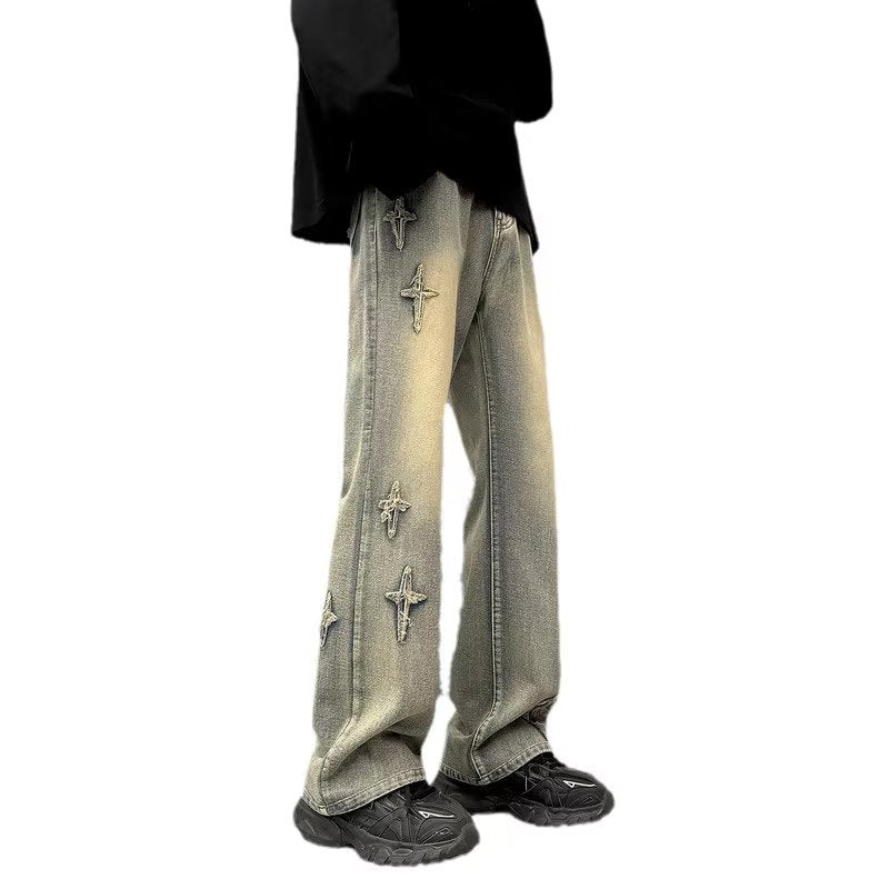 Men Jeans Straight Oversize Summer Slightly Flared Wide Leg Pants