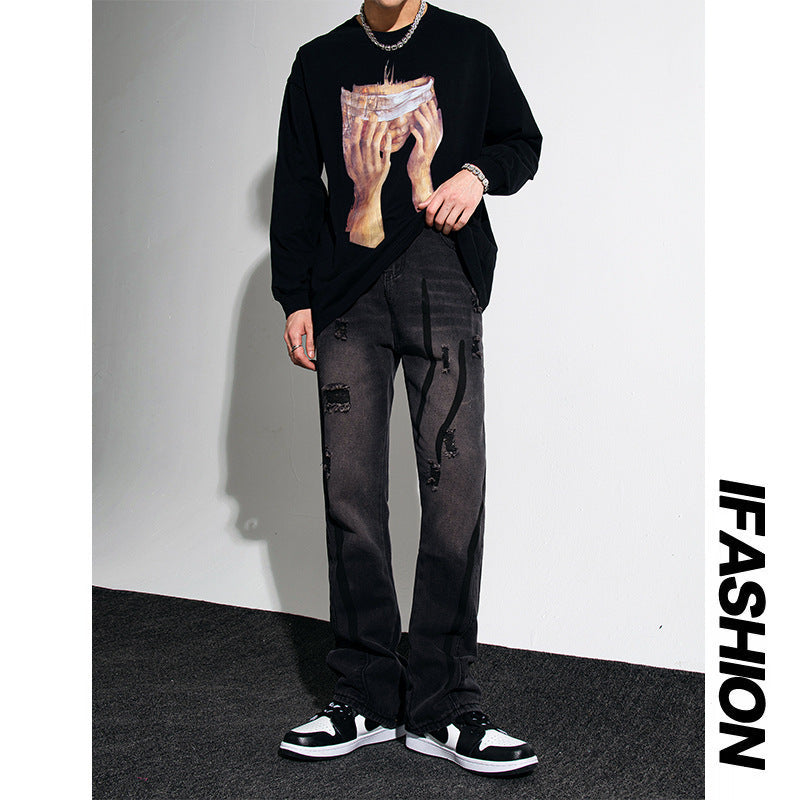 Men Jeans Retro Washed Distressed Loose Straight Hiphop Wide Leg Trousers