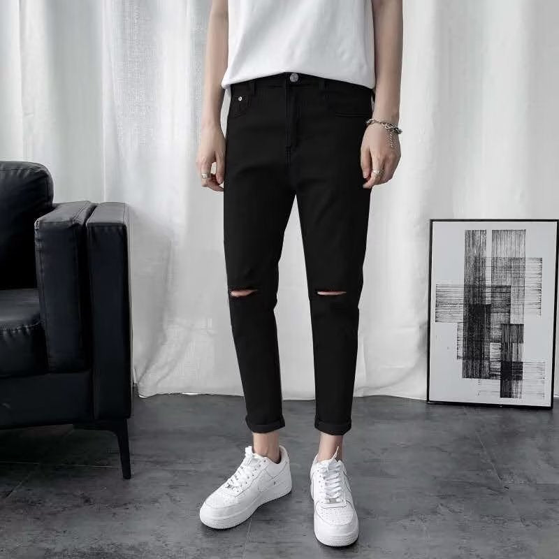 Men Jeans Summer Thin Black Ripped Jeans