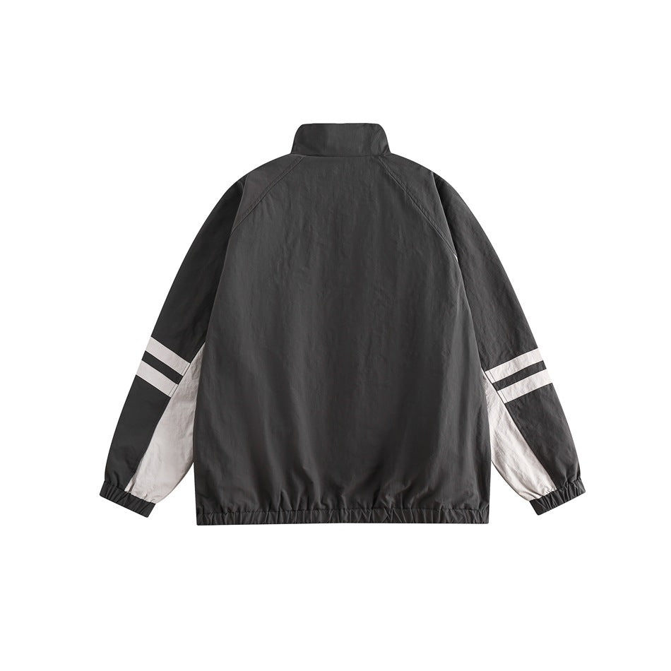 Unisex Jacket Retro Patchwork Contrast Color Stand-up Collar Jacket Men Spring and Autumn Coat