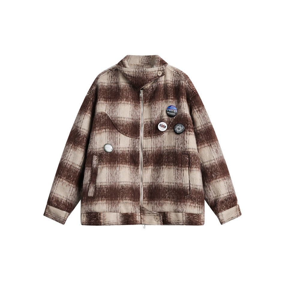 Unisex Jacket Vintage Plaid Loose Stand Collar Jacket Spring and Autumn Coat