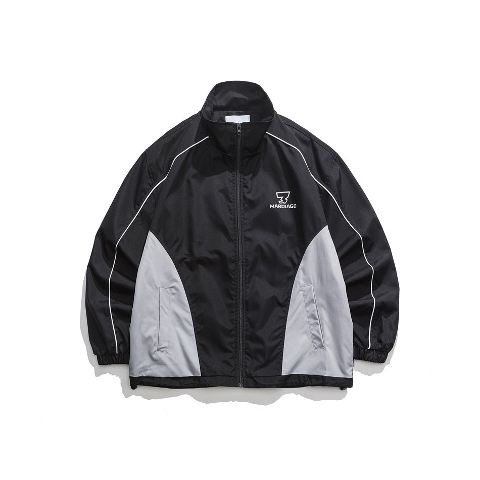 Unisex Jacket Retro Patchwork Contrast Color Stand-up Collar Sportswear Jacket