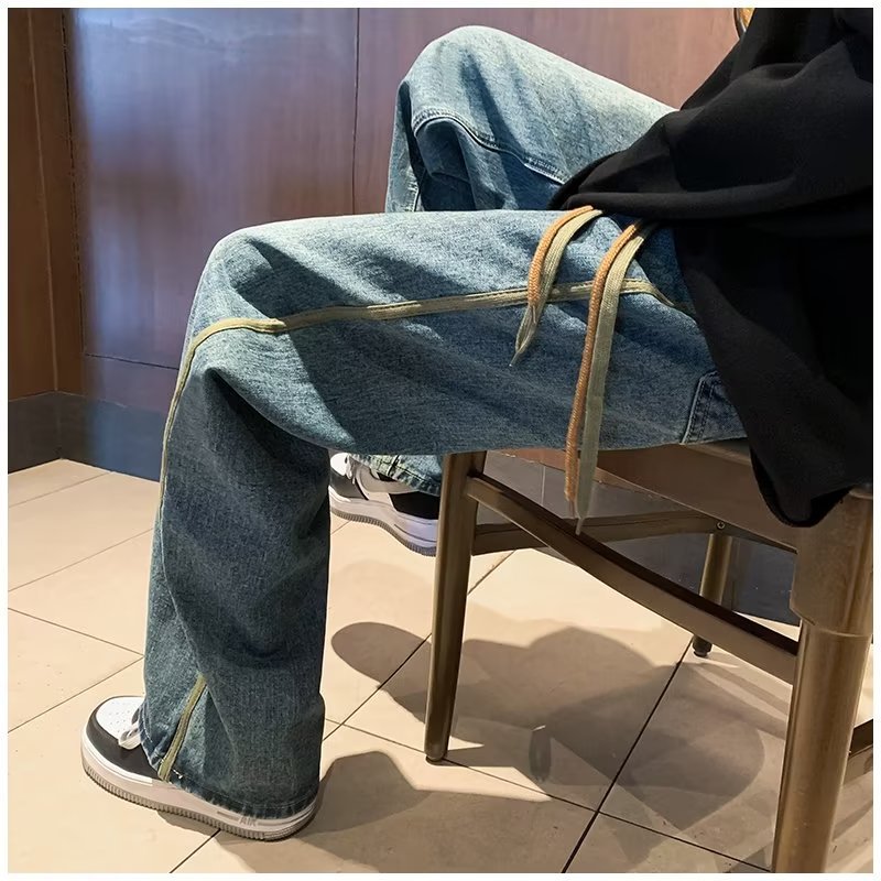 Men Jeans Retro Washed Jeans Men's Spring and Autumn Loose Wide-Leg Straight Trousers