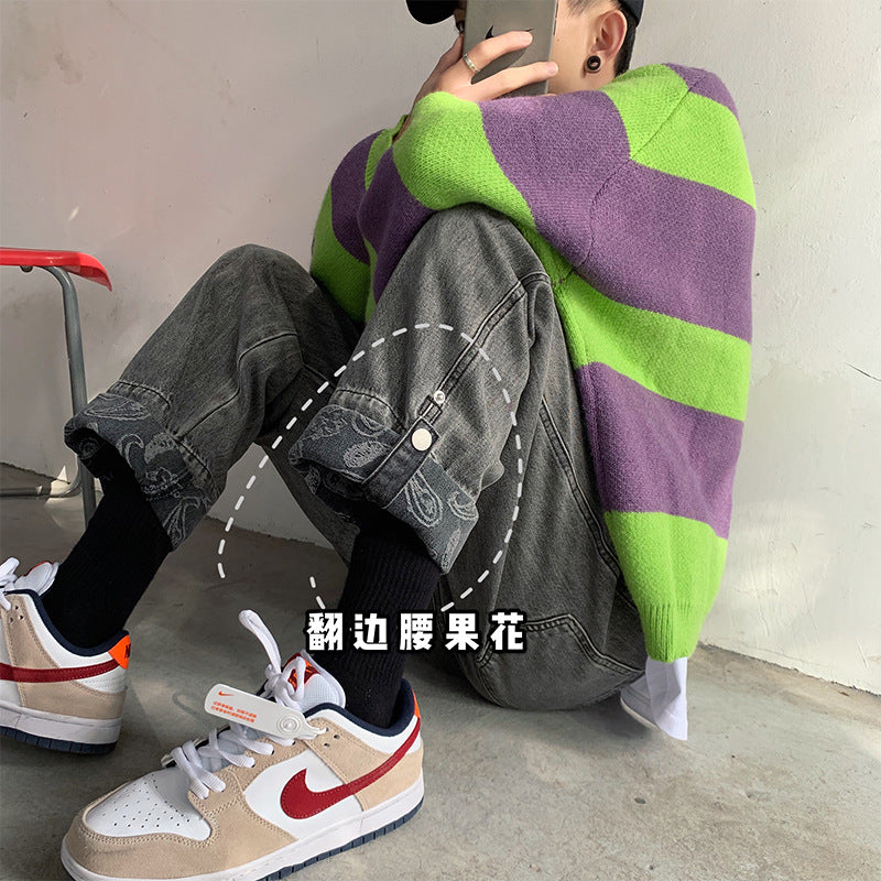 Men Jeans Autumn Vintage Jeans Men's Straight Loose Wide Leg Old Pants