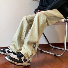 Men Jeans Zipper Dyed Jeans Men's Split Washed Straight Bootcut Trousers