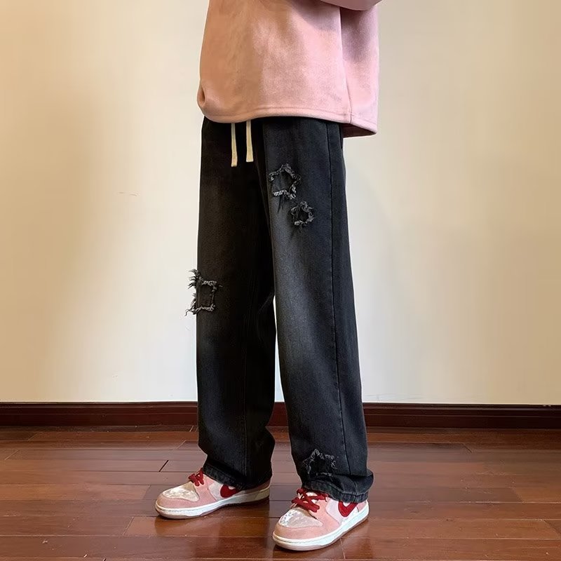 Men Jeans Vintage Patch Straight-Leg Pants Spring Baggy Pants