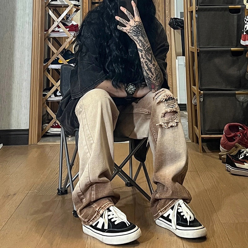 Men Jeans Ripped Jeans Men's Summer Worn Looking Washed-out Retro Straight-Leg Wide-Leg Pants