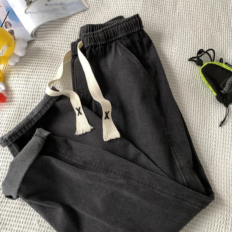 Men Jeans Straight Loose Summer Light Color Retro Casual Wide Leg Pants