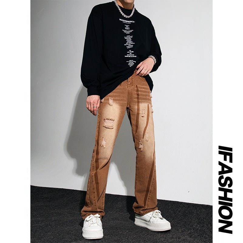 Men Jeans Retro Washed Distressed Loose Straight Hiphop Wide Leg Trousers
