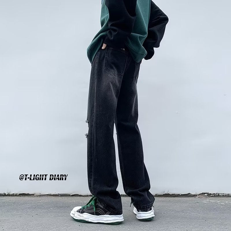 Men Jeans Ripped Jeans Men's Summer Retro Men's Black Trousers Loose Straight