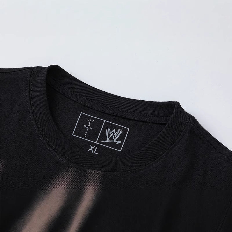 Travis Scott T-Shirt Travis Scott x WWE Flame Skull Letter Print SAGE THE STAGE Short Sleeve T