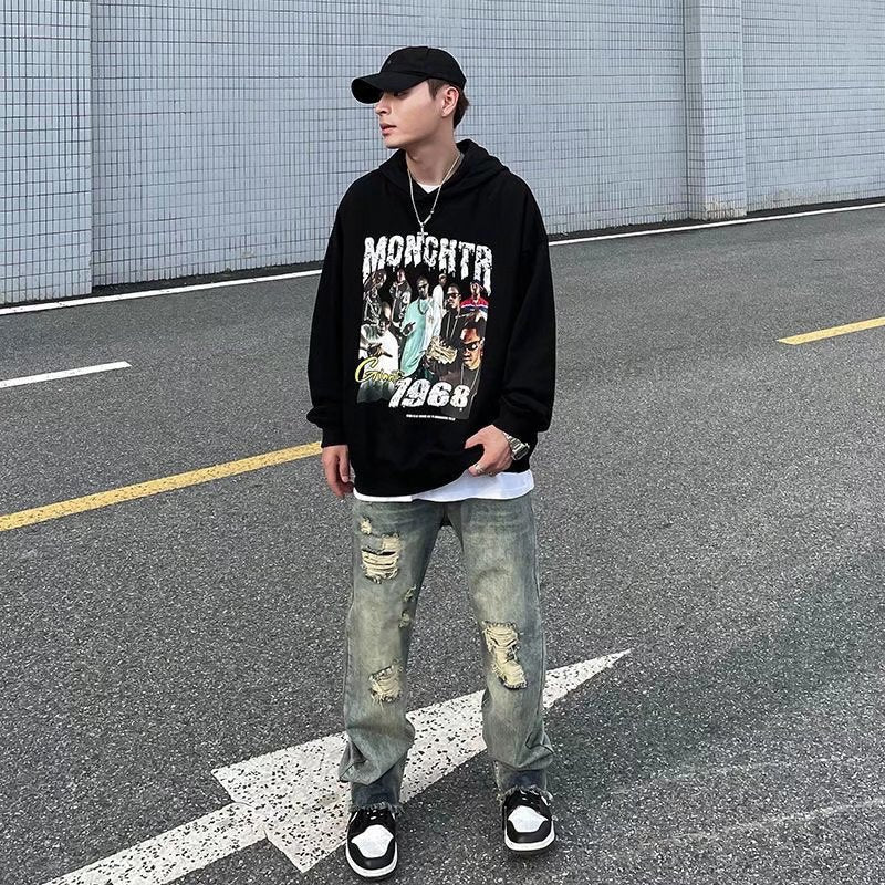 Men Jeans Washed Distressed Ripped Jeans Hiphop Loose Straight Trousers