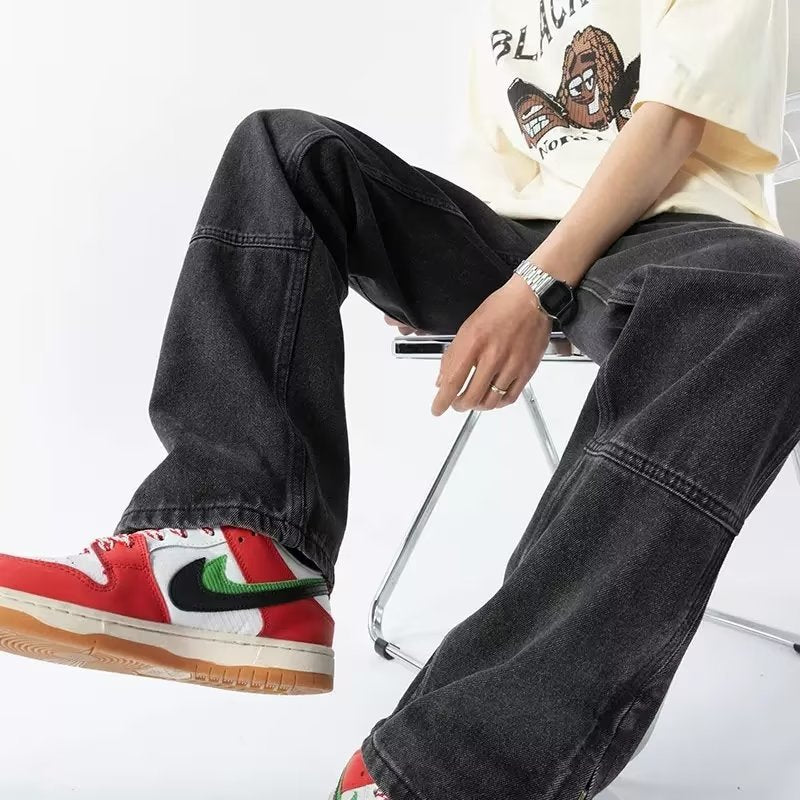 Men Jeans Zipper Split Jeans Spring Vintage Baggy Straight Trousers