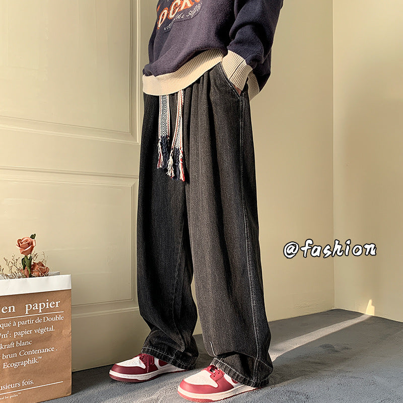 Men Jeans Worn Jeans Men Autumn and Winter Loose plus Size Wide Straight Wide Leg Casual Trousers