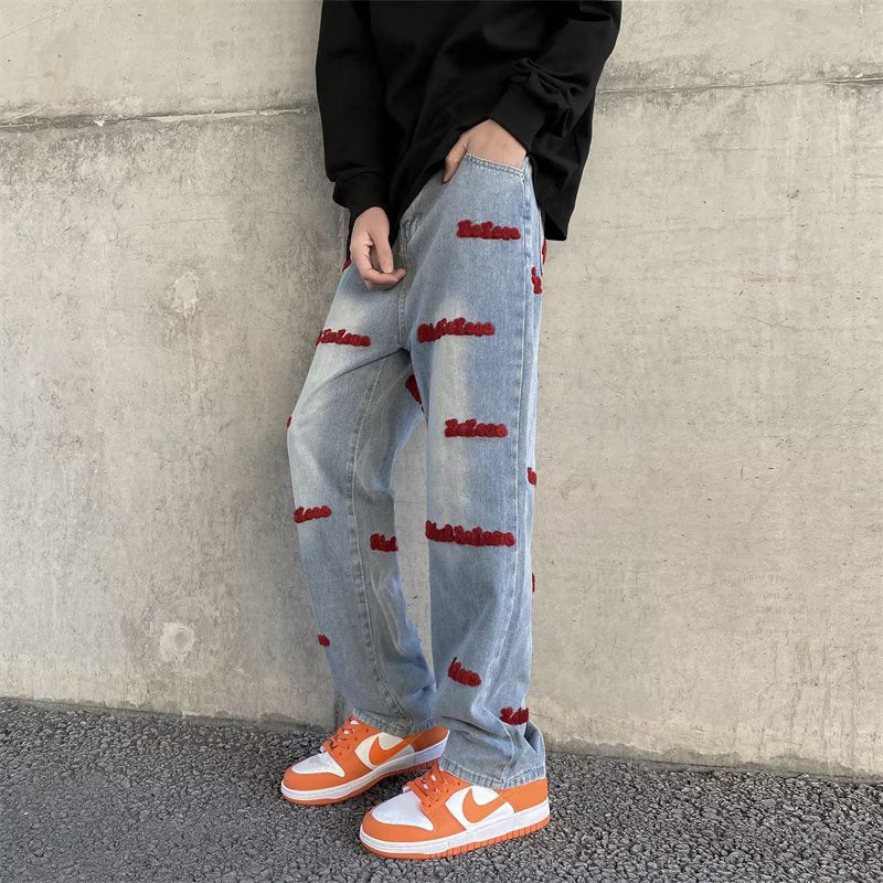 Men Jeans Embroidered Letters Straight-Leg Pants Vintage Jeans