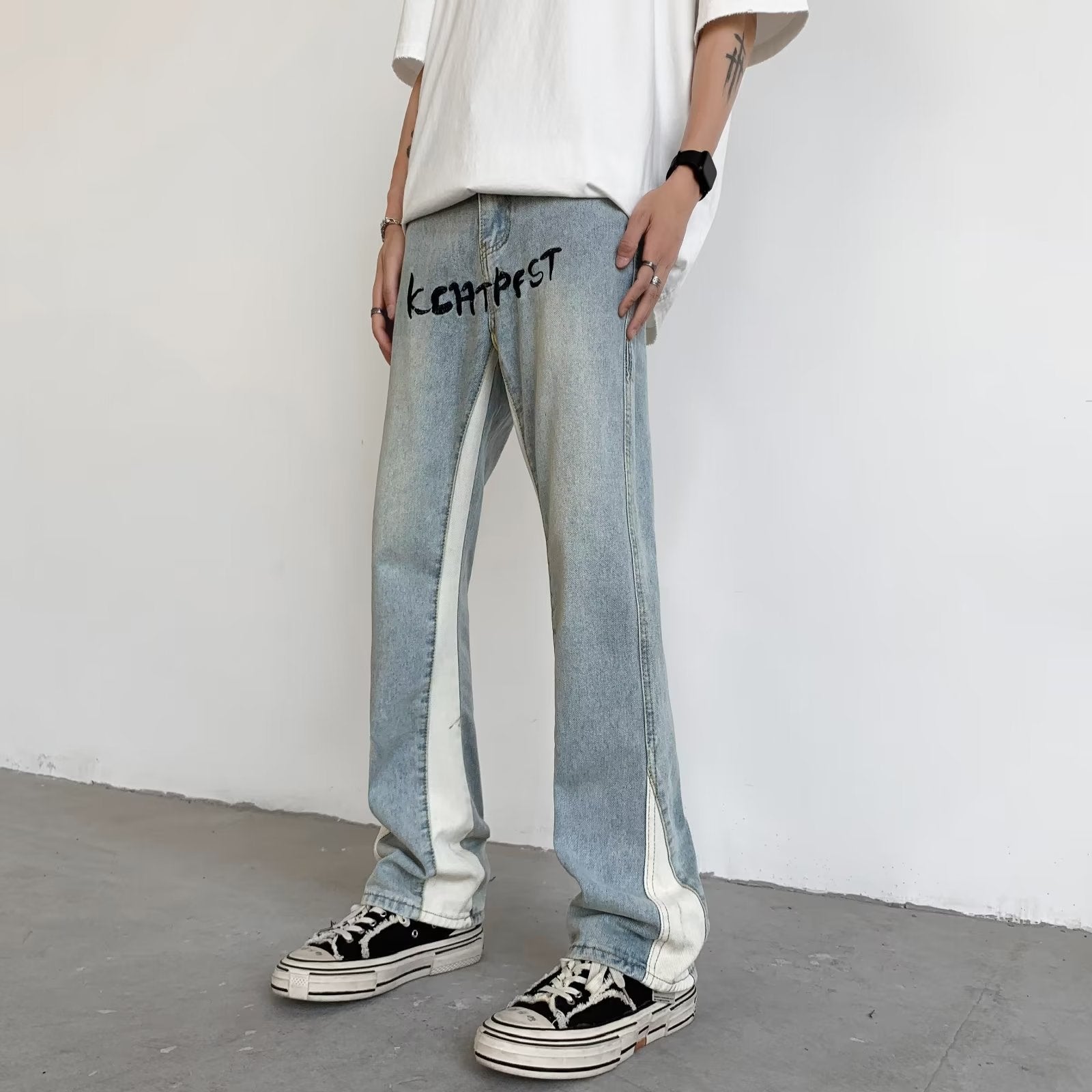 Men Jeans Water-Washing Embroidery Jeans Bootcut Trousers