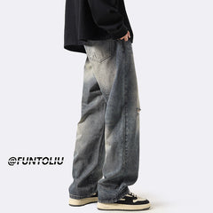 Men Jeans Straight Loose Washed-out Jeans Casual Wide Leg Pants
