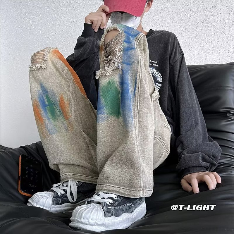 Men Jeans Hiphop Tie-Dyed Ripped Jeans Graffiti Tooling Straight Wide-Leg Pants