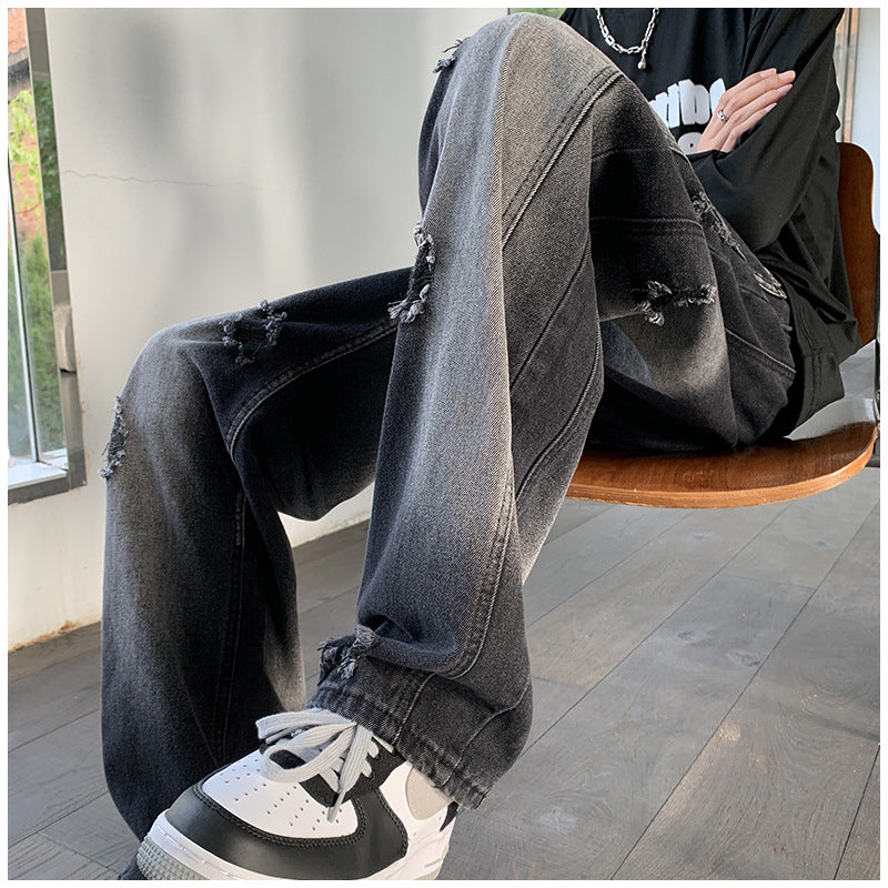 Men Jeans Ripped Jeans Men's Autumn Retro Loose Straight Trousers