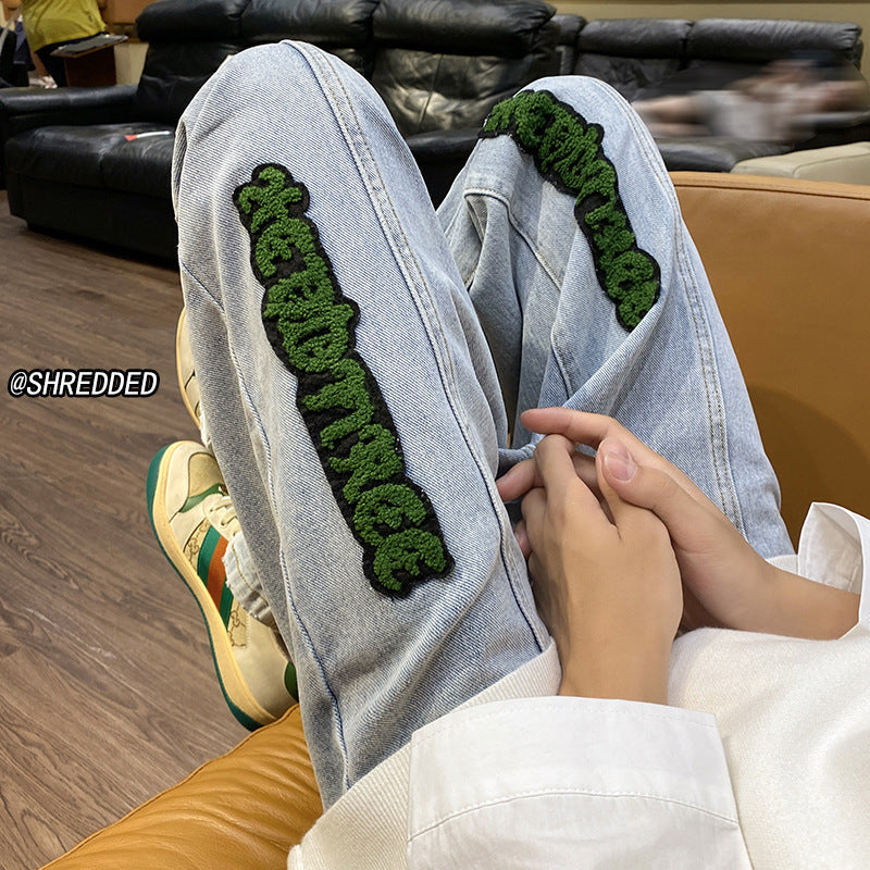 Men Jeans Letter Flocking Jeans Loose Spring and Autumn Retro