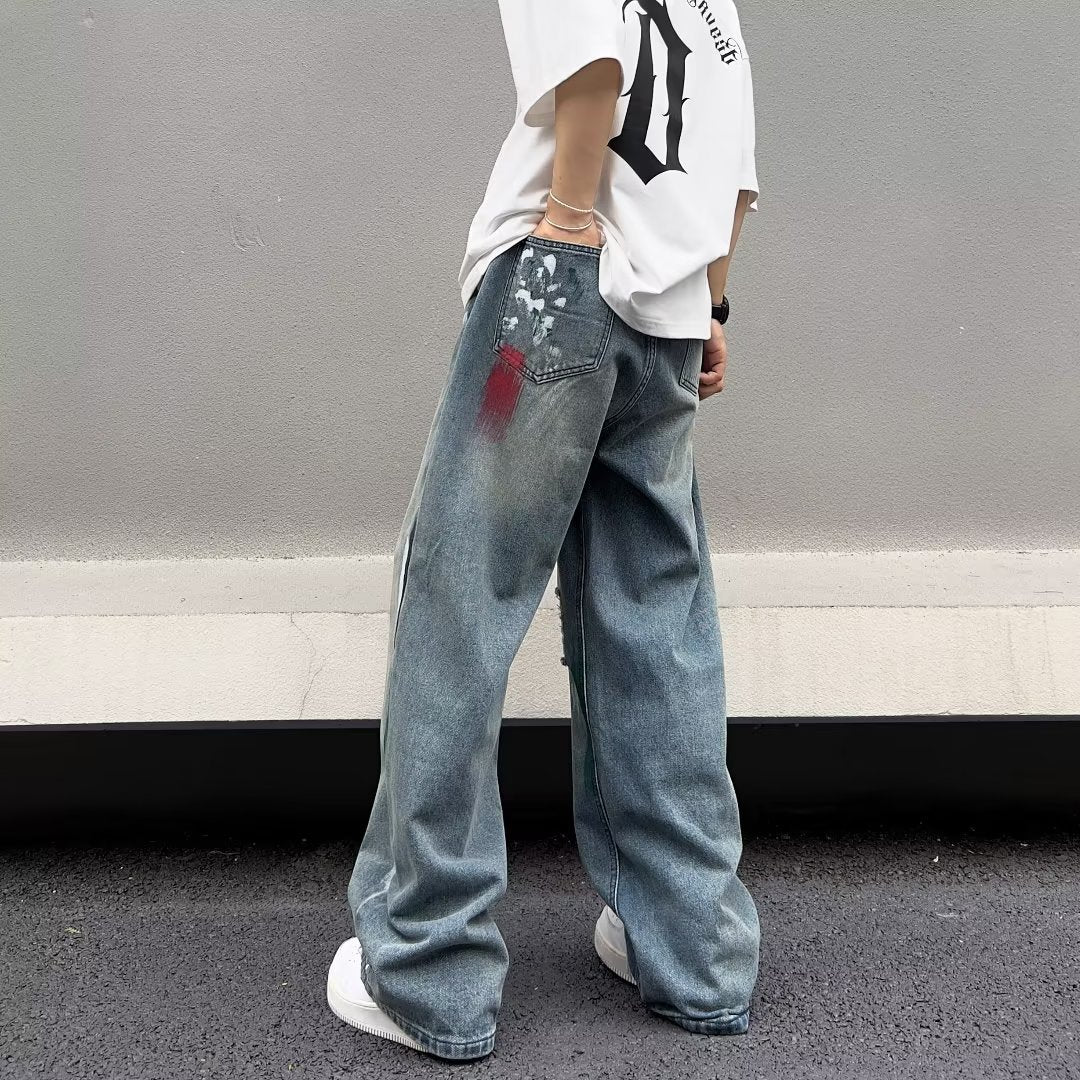 Men Jeans Water Washed Hole Jeans Men's Summer Loose Wide-Leg Straight Pants