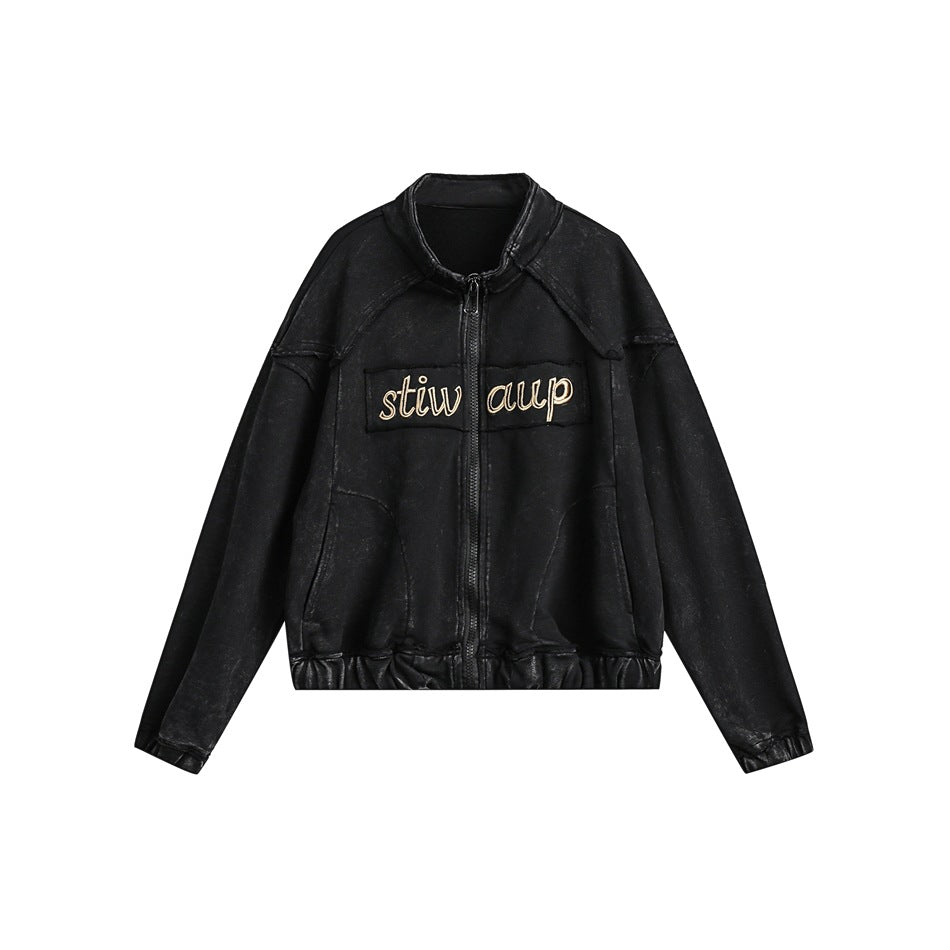 Unisex Jacket Retro Washed Distressed Stand Collar Jacket