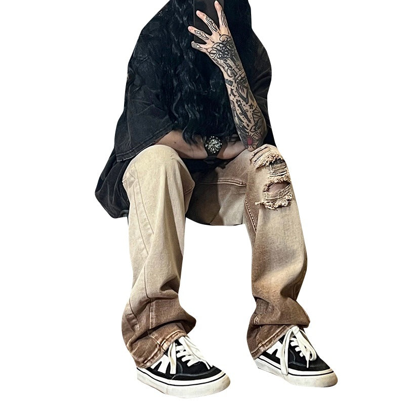 Men Jeans Ripped Jeans Men's Summer Worn Looking Washed-out Retro Straight-Leg Wide-Leg Pants