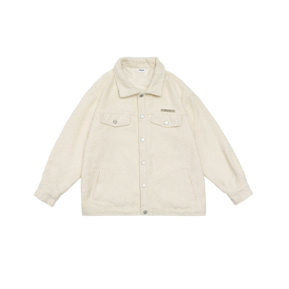 Unisex Jacket Autumn Winter Retro Polo Collar Jacket Loose Lamb Wool Couple Coat