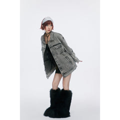 Unisex Jacket Retro Washed Denim Jacket Turn-down Collar Coat
