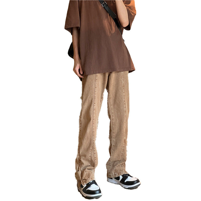 Men Jeans Brown Coffee Color Jeans Zipper Split Bootcut Trousers