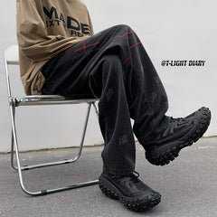 Men Jeans Washed Worn Jeans Men's Autumn and Winter Loose Wide Leg Pants Straight-Leg Pants