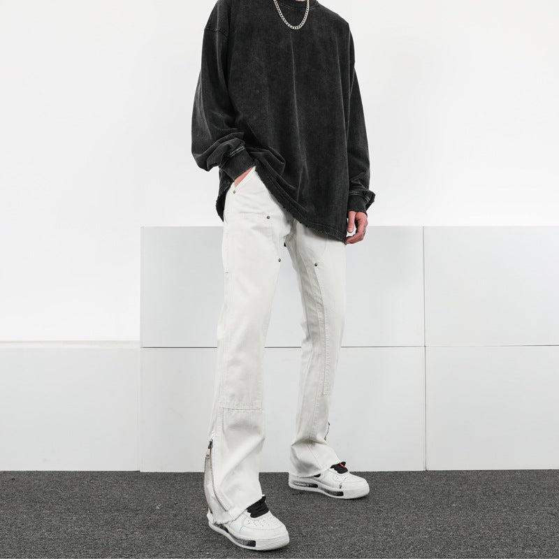 Men Jeans Casual Pants Zipper Cargo Pants Straight Bootleg Pants