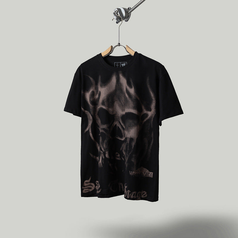 Travis Scott T-Shirt Travis Scott x WWE Flame Skull Letter Print SAGE THE STAGE Short Sleeve T