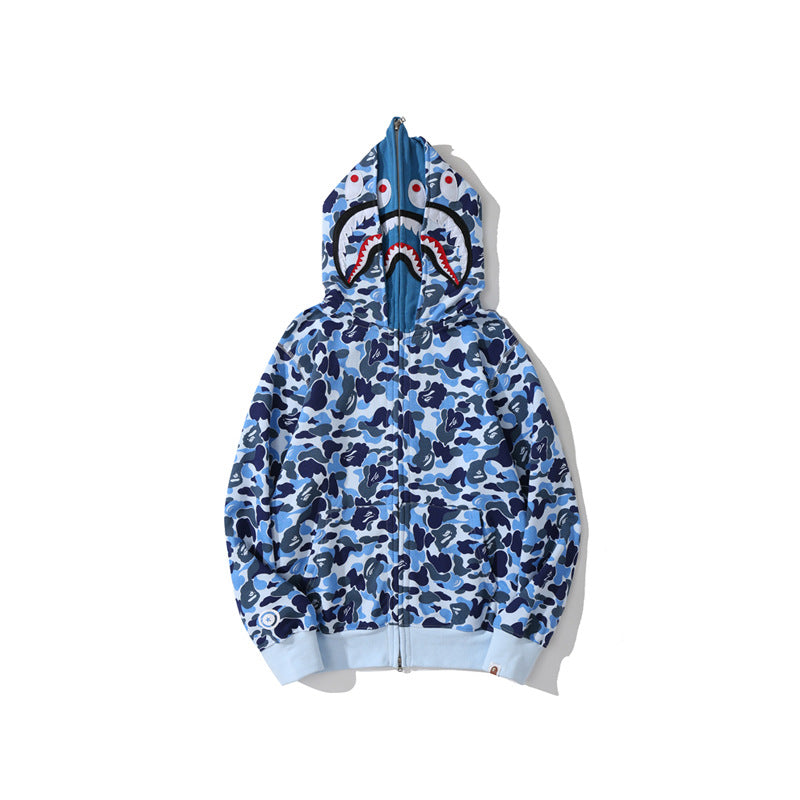 Bathing Ape Hoodie Camouflage Double Hat Autumn/Winter Fleece Cardigan Zipper Loose Shark