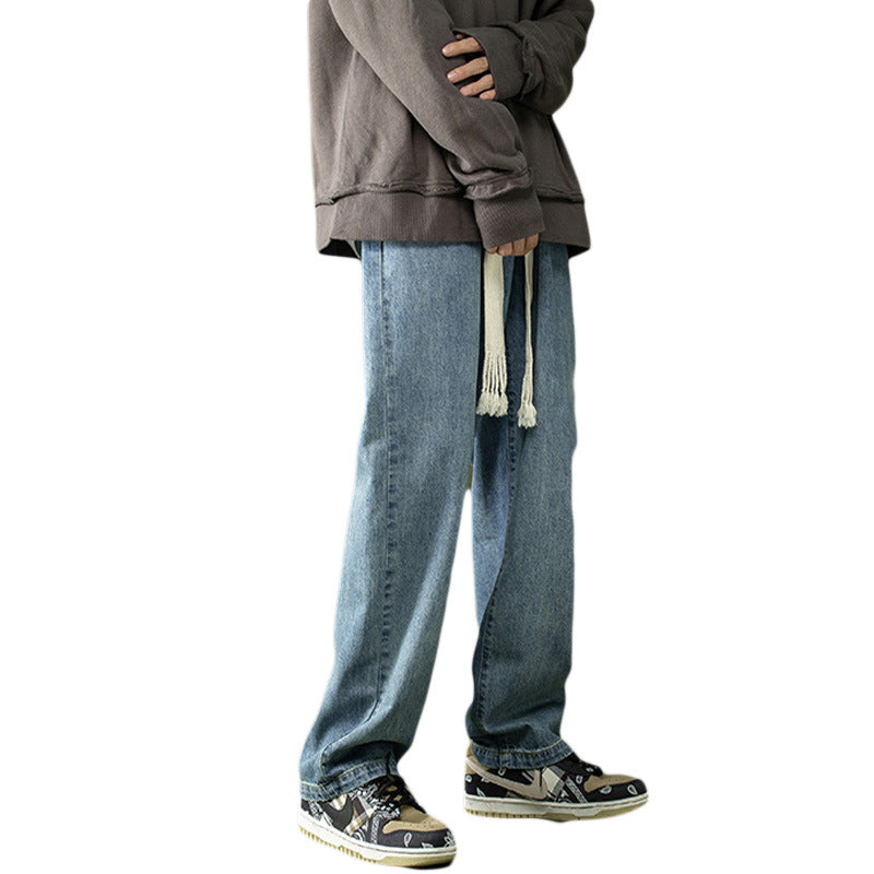 Men Jeans Spring and Autumn Straight Loose Drawstring Pants Retro Wide-Leg Pants