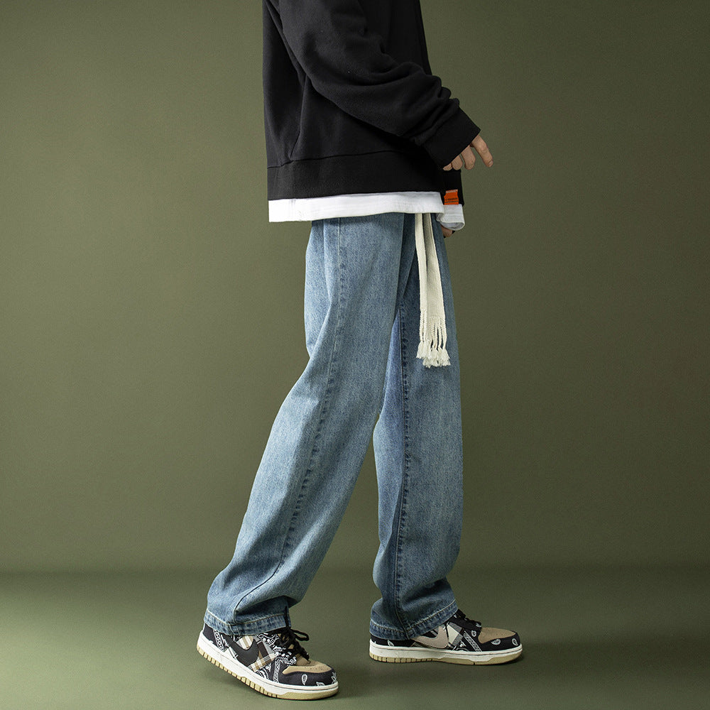Men Jeans Retro Loose Casual Straight Wide Leg Pants