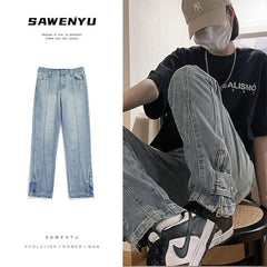 Men Jeans Washed Jeans Men's Autumn Straight Breasted Casual Trousers