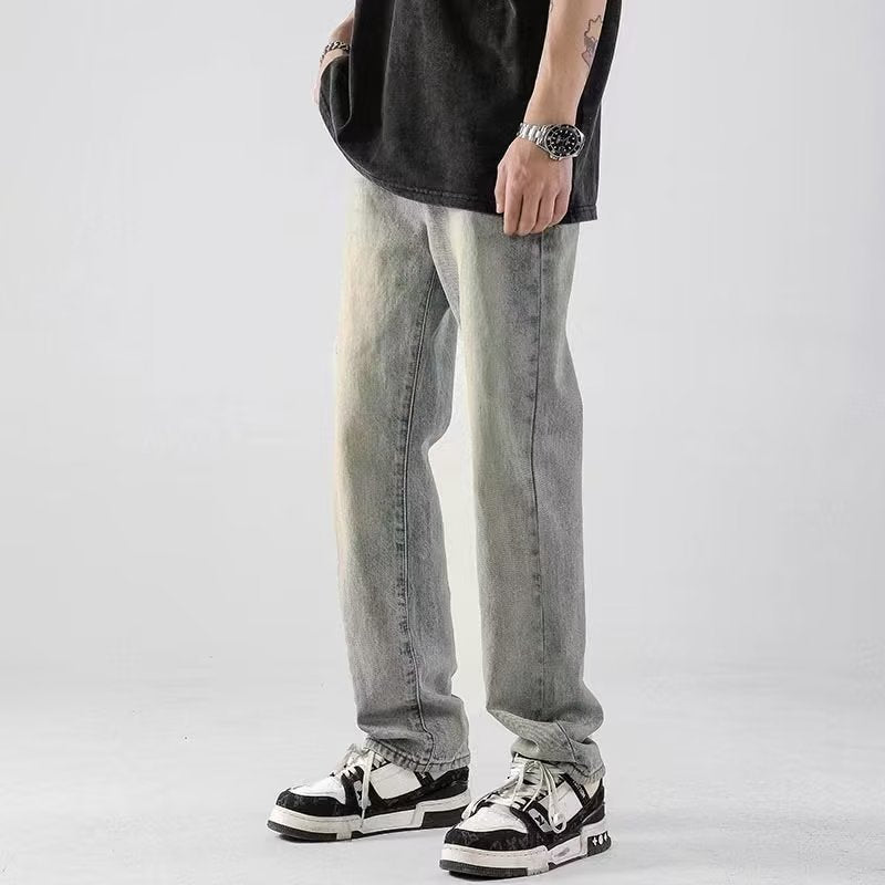 Men Jeans Washed Jeans Men's Summer Loose Straight Distressed Casual Pants