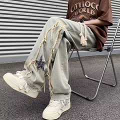 Men Jeans Embroidered Jeans Men's Summer Retro Loose Wide-Leg Straight Pants