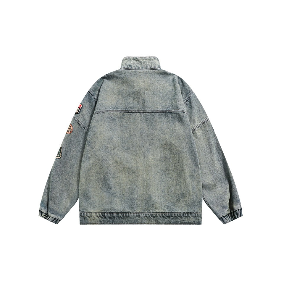 Unisex Jacket Retro Washed Embroidered Denim Coat Men's and Women's Stand Collar Motorcycle Jacket