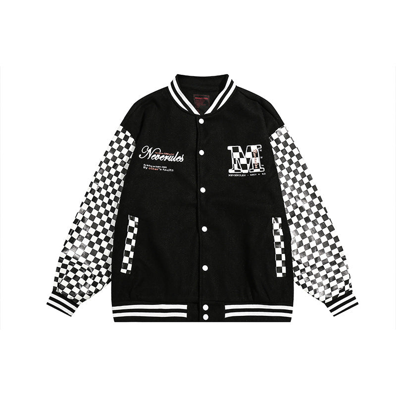 Unisex Jacket Checkerboard PU Leather Baseball Uniform Embroidered Baseball Jacket Jacket