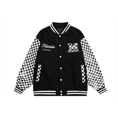 Unisex Jacket Checkerboard PU Leather Baseball Uniform Embroidered Baseball Jacket Jacket