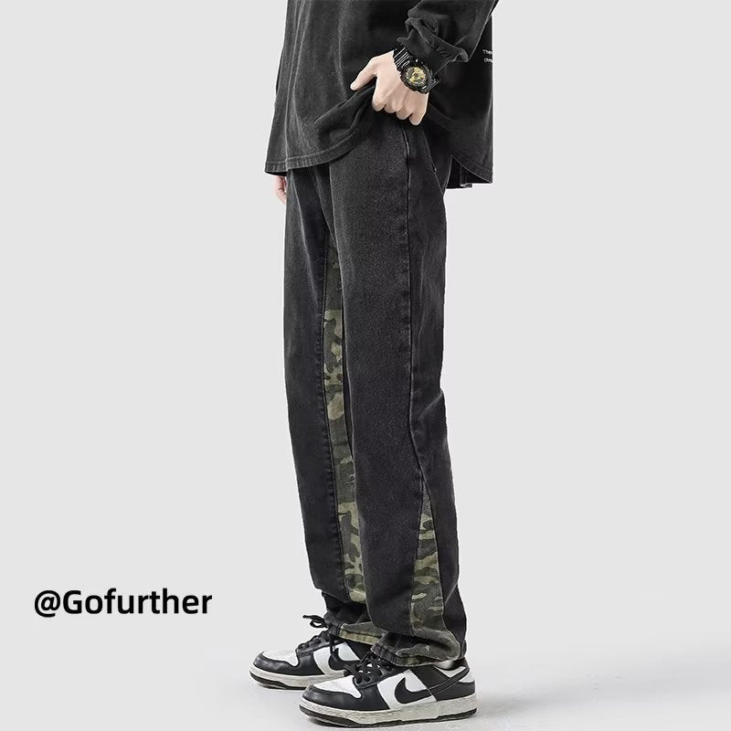 Men Jeans Spring Loose Wide Leg Pants Straight-Leg Pants