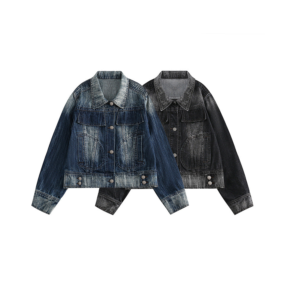 Unisex Jacket Vintage Top Washed Denim Jacket for Women Turn-down Collar Coat Spring and Autumn