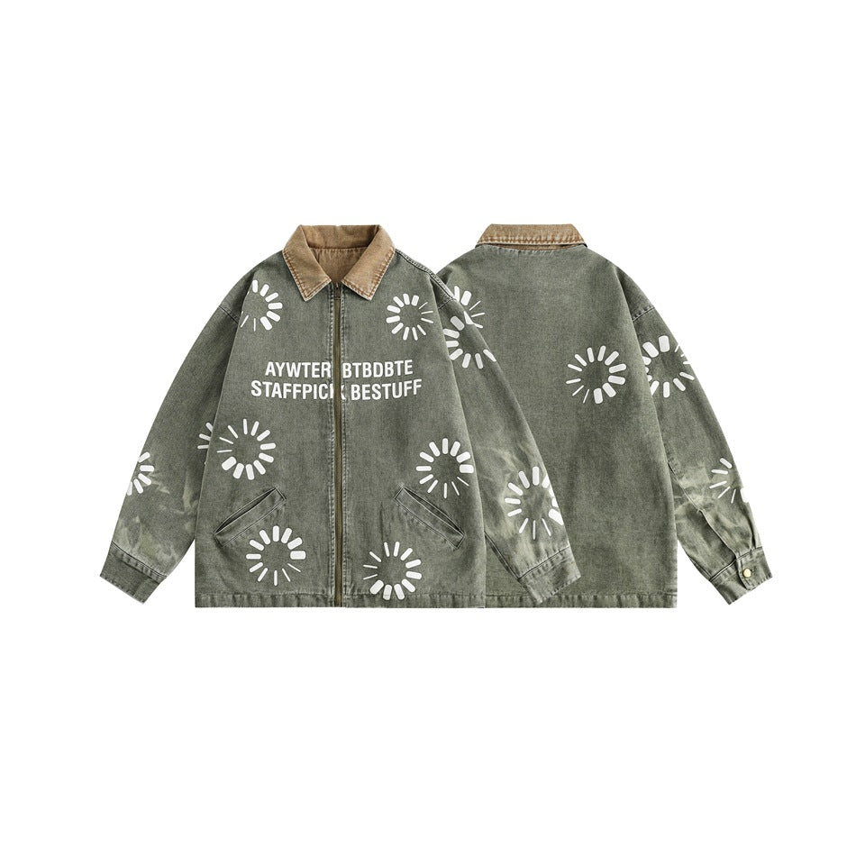 Unisex Jacket Retro Washed Denim Jacket Turn-down Collar Coat