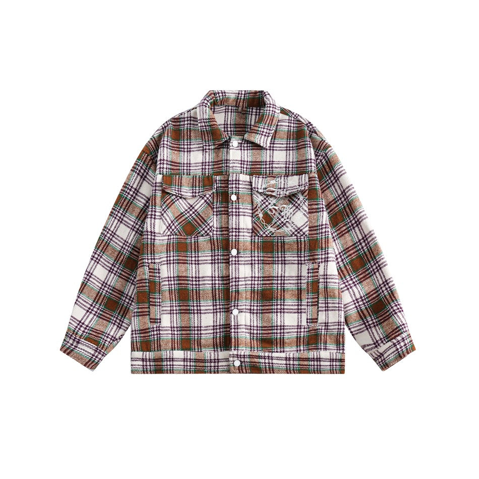 Unisex Jacket Vintage Plaid Workwear Jacket Men and Women Couple Casual Loose Spring and Autumn Coat